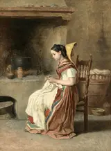 Théodore Valério, A girl sewing in the kitchen