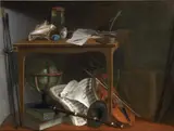 Nicolas Henri Jeaurat de Bertry, Curiosity objects on a table covered by a world map and musical instruments