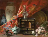 Hubert-Denis Etcheverry, A cabinet, flowers and crystal ewer on a ledge