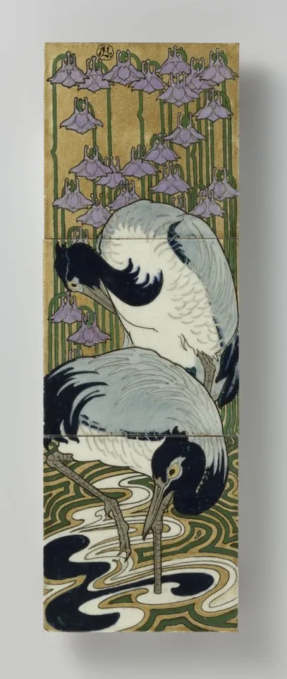 Bert Nienhuis, Tegeltableau, beschilderd met kraanvogels en akeleien