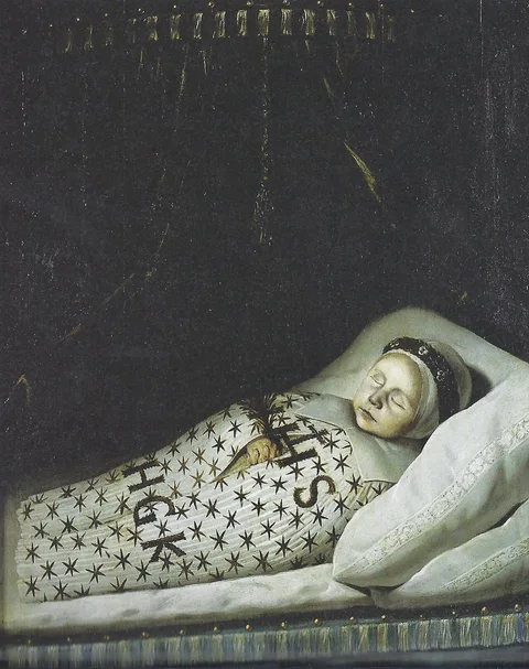 Jan de Stomme, Portrait of a dead child wearing a mourning wreath around its head