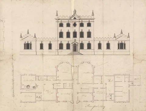 Batty Langley, Moody Hall: Front Elevation and Principal Floor Plan
