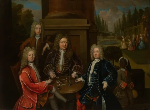 John Verelst, Elihu Yale seated at table with the Second Duke of Devonshire and Lord James Cavendish