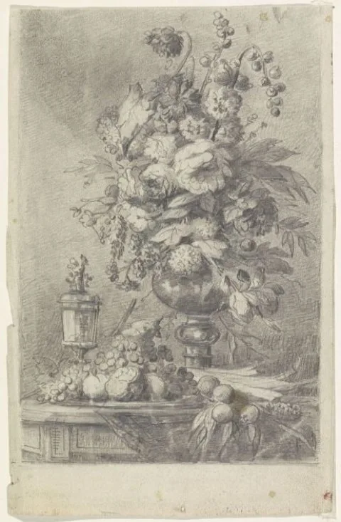 Lucas Victor Schaefels, Stilleven met een schaal vruchten en een vaas met bloemen