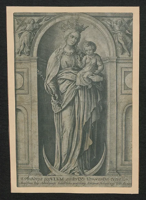 Anton Wierix II, The sculpture of the Virgin and child from the Antwerp city hall