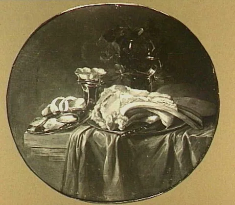 Jasper Geeraards, Oval still life with ham, salt cellar and lemon