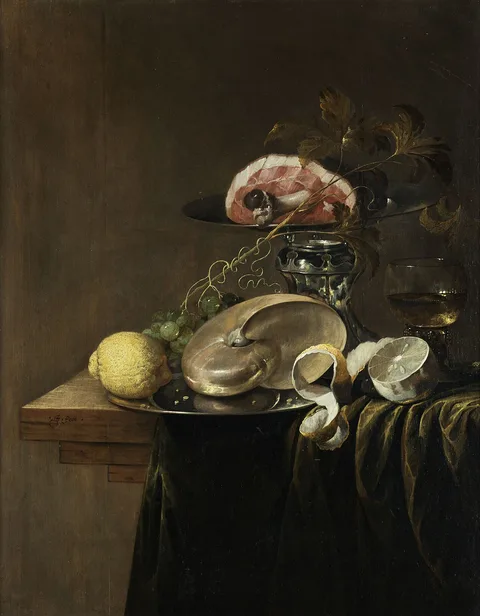 Jasper Geeraards, Large magnificent still life with nautilus, lemons and ham inside a tazza