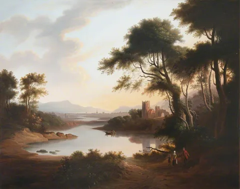 Anne Nasmyth, River Landscape with Figures by the Banks, a Castle and a Town beyond