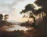 Anne Nasmyth, River Landscape with Figures by the Banks, a Castle and a Town beyond