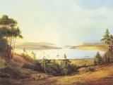 Johann Heinrich Hintze, Potsdam, Baumgartenbrücke und Werder vom Krähenberg in Caputh aus