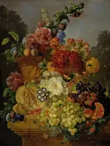 Gerrit Johan van Leeuwen, Flowers in an urn, with fruit