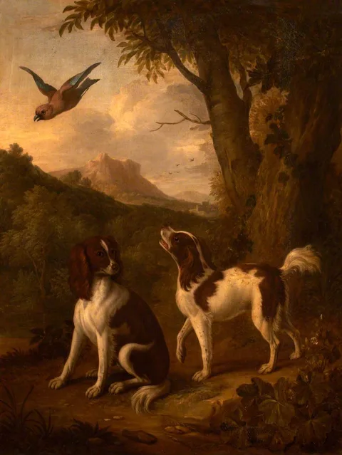 Jan van der Vaart, Two Spaniels and Jay in a Landscape