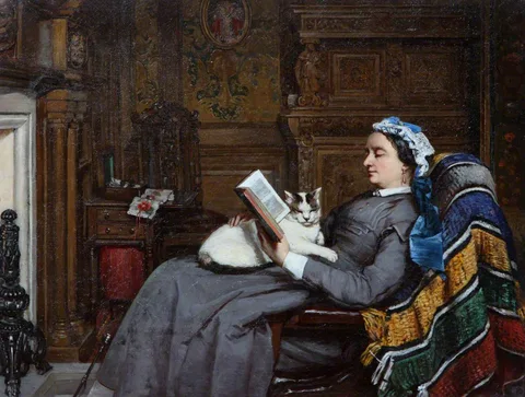 Patrick Allan Fraser, Elizabeth Allan-Fraser Seated, Reading with a Cat