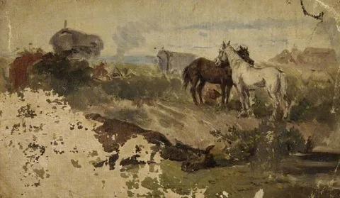 Eyre Crowe, Horses in a field with gypsies and a caravan