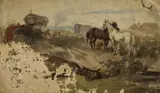 Eyre Crowe, Horses in a field with gypsies and a caravan