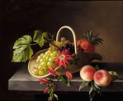 Hanne Hellesen, Still life of flowers and fruit.