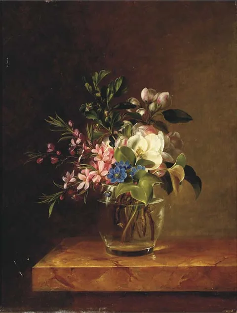 Hanne Hellesen, Springblossom in a glass on a marble ledge.