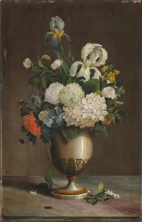 Carl Robert Croll, Still life with flowers, insects and a copper coin on a stone sill
