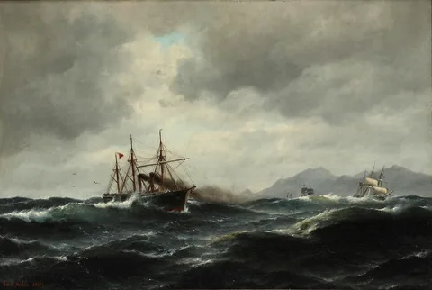 Carl Bille, A British steamship in rough waters.