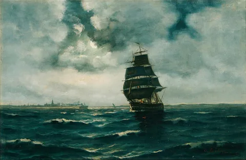 Carl Bille, Seascape with a barque along the coast of Kronborg Castle in the moonlight.