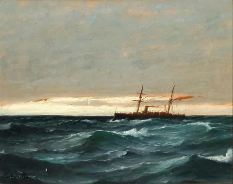 Carl Bille, A seascape with a steamship on open sea in the twilight.