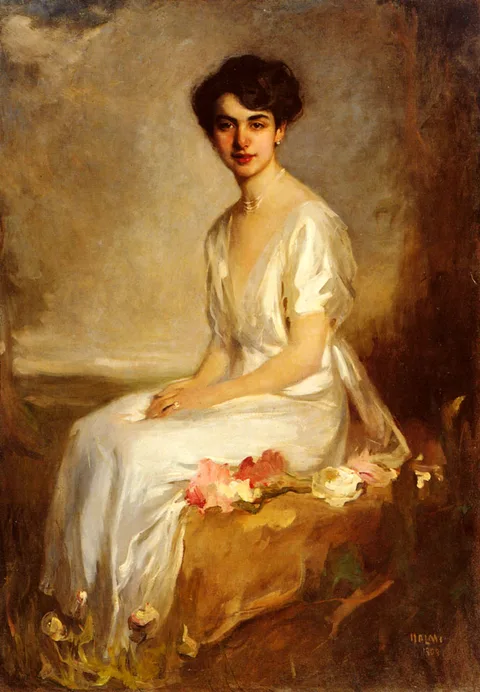 Artúr Lajos Halmi, Portrait of an Elegant Young Woman in a White Dress