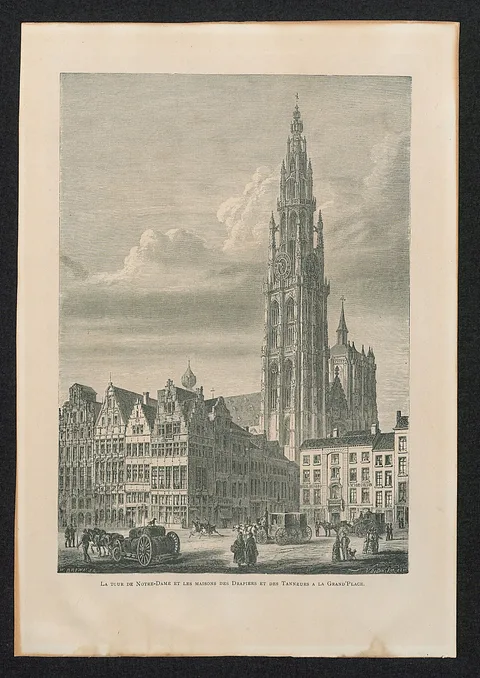 Arthur William Brown, De toren van de kathedraal van Antwerpen en de gildehuizen, gezien van de Grote Markt