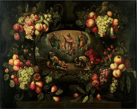 Frans van Everbroeck, Still life of a garland of flowers adorning a stone cartouche containing the Transfiguration