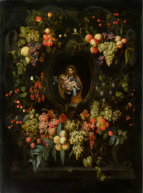 Frans van Everbroeck, Garland of fruit surrounding a stone cartouche with St. Joseph holding the Christ child