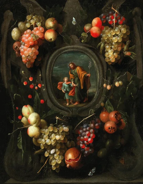 Frans van Everbroeck, Garland of fruit surrounding a stone cartouche with St. Joseph holding the Christ child