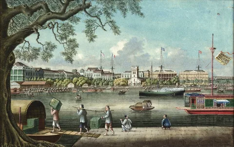 Tingqua, View of the waterfront at Canton with the paddle steamer 'Spark'
