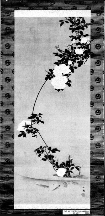 Hōen, White Roses and Fish in Stream
