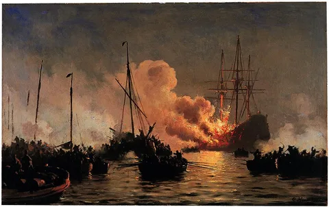 Carl Neumann, The Danish ship of the line Dannebrogen caught on fire during the battle of Køge Bugt, 1710