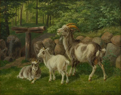 Andreas Peter Madsen, Goats by a stone fence.