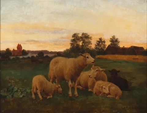 Andreas Peter Madsen, Evening landscape with sheep and lambs in the field