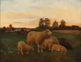 Andreas Peter Madsen, Evening landscape with sheep and lambs in the field