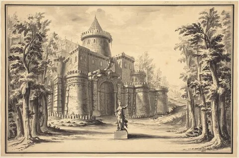 Daniël  Marot (II), A Stage Set with a Statue and a Palace