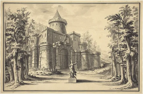 Daniël  Marot (II), A Stage Set with a Statue and a Palace