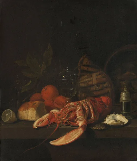 David Davidsz. de Heem, Still life with a lobster. oysters, bread, oranges, a lemon, a glass, a pepper shaker  and a wine casket