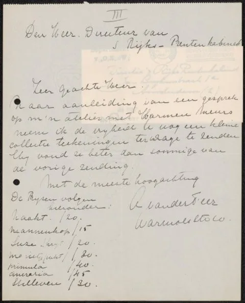 Anneke van der Feer, Brief aan jonkheer Hendrik Teding van Berkhout (1879-1969)