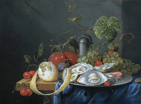 G. van Deynum, Still life with fruit and oysters on a pewter plate