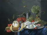 G. van Deynum, Still life with fruit and oysters on a pewter plate