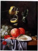 G. van Deynum, A wine glass and fruits on a table