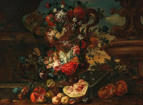 Jacob Melchior van Herck, Flowers in a sculpted vase with pomegranates and a watermelon by a stone ledge