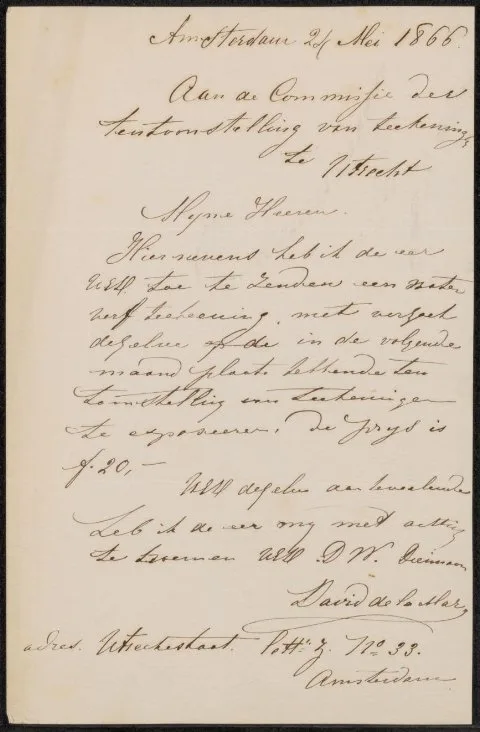 David de la Mar, Brief aan de commissie van de tentoonstelling van tekeningen in Utrecht