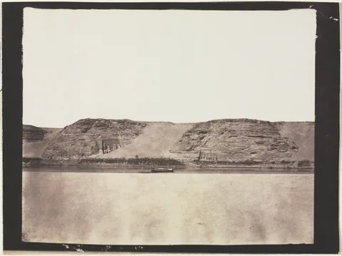 Félix Teynard, General View of Monuments Carved into Bedrock with Photographer's Dahabieh. Abu Simbel