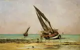 Edmond Yon, Beached fishing boats at low tide, Villerville