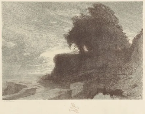 Charles-Marie Dulac, Landscape with Trees on a Bluff and a Snake Remarque