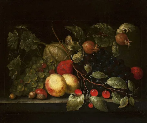 Cornelis de Bryer, Still life with a sprig of cherry and pomegranate.