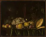 Cornelis de Bryer, Still life with – fruit, mussels and a bird